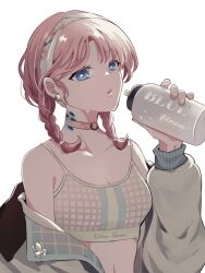 Rule 34 | 1girl, arknights, bare shoulders, blue eyes, blue poison (arknights), blue poison (shoal beat) (arknights), bottle, braid, breasts, cleavage, collarbone, commentary request, english text, hand up, holding, holding bottle, jacket, long sleeves, low twintails, open clothes, open jacket, parted bangs, parted lips, pink hair, puffy long sleeves, puffy sleeves, simple background, small breasts, solo, twin braids, twintails, upper body, water bottle, white background, white jacket, yu (yzko)