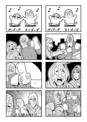 Rule 34 | 10s, 4boys, 4koma, bird, bkub, cloak, comic, gloves, greyscale, hellshake yano, male focus, monochrome, multiple boys, musical note, pigeon, poptepipic, quaver, stepped on, translation request, two-tone background