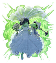 Rule 34 | 1boy, 1girl, aizawa sachi, black hair, blue vest, blush, blush stickers, bouquet, breasts, bridal veil, closed eyes, colored skin, commentary request, dated commentary, dress, elbow gloves, explosion, flower, formal, gloves, green cloud, green skin, hair flower, hair ornament, holding, holding bouquet, holding hands, holding staff, hood, hood up, jewelry, jumping, leaf, light blush, looking at another, medium breasts, mona (shovel knight), necklace, pants, plague doctor mask, plague knight, rose, short hair, shovel knight, size difference, smile, staff, suit, veil, vest, wedding dress, white background, white flower, white footwear, white gloves, white hood, white pants, white rose, white suit