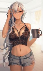 Rule 34 | 1girl, black nails, breasts, closed mouth, collarbone, cup, curtains, dark-skinned female, dark skin, eyelashes, fingernails, glasses, grey hair, grin, hair down, hand up, highres, holding, holding cup, holding mug, indoors, kantai collection, kasumi (skchkko), large breasts, legs together, lips, long hair, looking at viewer, mug, musashi (kancolle), nail polish, navel, one eye closed, short shorts, shorts, smile, solo, standing, tagme, torn clothes, torn shorts, upper body, very long hair, window, wooden floor, yellow eyes