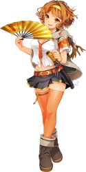 Rule 34 | 1girl, bracelet, breasts, brown hair, cleavage, hand fan, full body, hairband, holding, holding fan, holding weapon, jewelry, long hair, looking at viewer, masamune hinata kachina, nail polish, official art, open mouth, orange eyes, pleated skirt, shinken!!, short sleeves, simple background, skirt, solo, thighhighs, weapon, white background