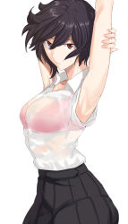 Rule 34 | 1girl, arms up, black hair, bra, breasts, brown eyes, looking at viewer, ogros, see-through, shirt, short hair, solo, underwear, wet, wet clothes, wet shirt