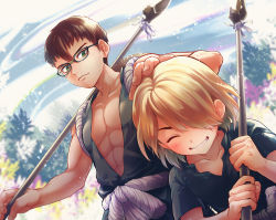Rule 34 | 2boys, abs, adam&#039;s apple, biceps, blonde hair, brothers, brown hair, clenched teeth, closed eyes, collarbone, commentary request, dr. stone, flower, foreshortening, forest, ginro (dr. stone), glasses, green eyes, green jacket, green shirt, grin, hand on another&#039;s head, headpat, highres, holding, holding polearm, holding spear, holding weapon, jacket, kinro, looking at another, makoto (makochanto02), male focus, medium hair, multiple boys, muscular, muscular male, nature, outdoors, pectoral cleavage, pectorals, polearm, rope, shirt, siblings, smile, spear, teeth, weapon