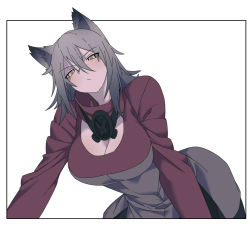 Rule 34 | 1girl, animal ears, arknights, breasts, cleavage, cleavage cutout, clothing cutout, grey hair, large breasts, noiimad, projekt red (arknights), wolf ears
