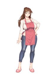 Rule 34 | 1girl, animal slippers, apron, breasts, brown hair, bunny slippers, collarbone, denim, full body, furrowed brow, furyou ni hamerarete jusei suru kyonyuu okaa-san, halterneck, hand on own hip, high ponytail, highres, jeans, kyouko, large breasts, long hair, looking at viewer, midriff, mole, mole under mouth, no socks, pants, parted lips, red eyes, scowl, sleeves past elbows, slippers, solo, transparent background, white background, xxzero