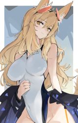 Rule 34 | 1girl, animal ear fluff, animal ears, arknights, bare shoulders, blonde hair, breasts, competition swimsuit, eyewear on head, female focus, hair between eyes, head tilt, highres, horse ears, horse girl, horse tail, jacket, long hair, looking at viewer, medium breasts, mikozin, nearl (arknights), nearl (shimmering dew) (arknights), off shoulder, official alternate costume, one-piece swimsuit, shirt, sidelocks, solo, sunglasses, swimsuit, swimsuit cover-up, tail, white shirt, yellow eyes