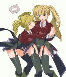 2girls asmodeus_(umineko) beelzebub_(umineko) black_thighhighs blonde_hair blush closed_mouth cowboy_shot fang hair_between_eyes hand_grab highres ittemiyoyo jacket long_hair multiple_girls necktie open_mouth red_eyes red_jacket red_necktie siblings sisters smile thighhighs umineko_no_naku_koro_ni yuri