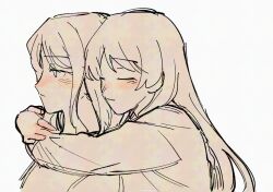 2girls arms_around_neck bang_dream! bang_dream!_it&#039;s_mygo!!!!! blush chihaya_anon closed_eyes closed_mouth commentary hug hug_from_behind long_hair long_sleeves monochrome multiple_girls nagasaki_soyo smile yogurt_pt yuri