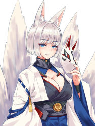Rule 34 | 1girl, animal ears, azur lane, breasts, cleavage, cleavage cutout, clothing cutout, collar, fox ears, fox mask, fox tail, hayama kazusa, highres, holding, holding mask, japanese clothes, kaga (azur lane), kimono, kitsune, large breasts, lips, long sleeves, looking at viewer, mask, unworn mask, parted lips, ribbon trim, simple background, smile, solo, tail, tassel, tsurime, underbust, white background, wide sleeves, wristband