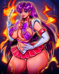 Rule 34 | 1girl, adapted costume, alternate hairstyle, artist request, bishoujo senshi sailor moon, black background, breasts, earrings, gloves, gradient background, hand on own hip, hino rei, huge breasts, jewelry, lips, long hair, navel, paper, purple eyes, purple hair, sailor mars, skirt, smile, translation request