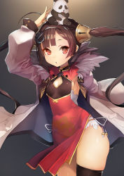 Rule 34 | 1girl, :o, armpits, azur lane, black thighhighs, breasts, brown hair, china dress, chinese clothes, cleavage cutout, clothing cutout, commentary request, contrapposto, cowboy shot, dress, grey background, hand up, highres, jacket, long hair, long sleeves, looking at viewer, open clothes, open jacket, panda, panties, parted lips, ping hai (azur lane), red dress, red eyes, side-tie panties, simple background, single thighhigh, skindentation, small breasts, solo, standing, taishi (picchiridou), thighhighs, twintails, underwear, very long hair