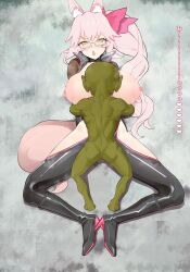 Rule 34 | 1boy, 1girl, absurdres, animal ear fluff, animal ears, arms behind back, black bodysuit, blush, bodysuit, boots, bow, breasts, breasts out, choker, clothed female nude male, clothed sex, colored skin, fate/grand order, fate (series), fox ears, fox girl, fox tail, full body, glasses, goblin, goblin male, green skin, hair between eyes, hair bow, half-closed eyes, hetero, high heel boots, high heels, highres, hip vent, huge filesize, knee boots, koyanskaya (assassin) (first ascension) (fate), koyanskaya (fate), kunabishi, large breasts, long hair, lying, nipples, nude, on back, open mouth, pink bow, pink hair, ponytail, rape, rolling eyes, sex, sidelocks, spread legs, tail, tamamo (fate), torn clothes, translation request, vaginal, yellow eyes