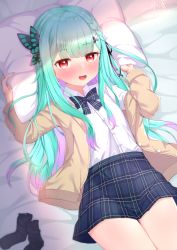 Rule 34 | 1girl, bed sheet, blunt bangs, blush, bow, bowtie, brown jacket, butterfly hair ornament, gmkj, green hair, hair ornament, highres, hololive, jacket, long hair, long sleeves, looking at viewer, lying, multicolored hair, on back, open mouth, pillow, plaid, plaid skirt, red eyes, shirt, shirt tucked in, skirt, solo, uruha rushia, uruha rushia (school uniform), virtual youtuber, white shirt