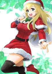 Rule 34 | 1girl, :d, absurdres, ankle boots, belt, black belt, black thighhighs, blonde hair, boots, bow, bowtie, capelet, carpaccio (girls und panzer), commentary, dated, dress, fur-trimmed capelet, fur trim, girls und panzer, green bow, green bowtie, green eyes, hat, highres, holding, holding sack, leaf, leaf background, leg up, long hair, long sleeves, looking at viewer, official alternate costume, open mouth, oritako, over shoulder, pointing, pointing at viewer, red capelet, red footwear, red hat, sack, santa costume, santa dress, santa hat, short dress, smile, solo, standing, standing on one leg, thighhighs