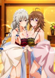 Rule 34 | 2girls, breasts, brown hair, cleavage, grayfia lucifuge, high school dxd, highres, holding hands, japanese clothes, large breasts, looking at viewer, multiple girls, purple eyes, venelana gremory