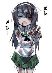 Rule 34 | 1girl, black hair, blood, blood from mouth, blood in hair, blood on clothes, blood on face, blood on hands, blood stain, closed eyes, commentary, frown, girls und panzer, gloom (expression), green skirt, hairband, highres, long hair, messy hair, miyao ryuu, ooarai school uniform, open mouth, reaching, reaching towards viewer, reizei mako, sailor collar, school uniform, serafuku, shaded face, simple background, skirt, solo, translation request, trembling, white background, white hairband