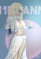 Rule 34 | 1girl, against wall, alma armas, black-framed eyewear, blonde hair, breasts, champagne flute, chromatic aberration, cleavage, commentary, commentary request, cup, cyborg, dark-skinned female, dark skin, drinking glass, english commentary, glasses, highres, large breasts, mechanical hands, mixed-language commentary, navel, no bra, open clothes, panties, pink panties, puk (higanbana doujin), revealing clothes, sarong, see-through, solo, standing, stomach, underwear, va-11 hall-a