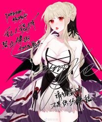 1girl absurdres bare_arms bare_shoulders black_ribbon black_veil black_vest blonde_hair breasts bun_with_braided_base chinese_commentary choker cleavage commentary_request cowboy_shot cross-laced_vest dress eyelashes finger_to_mouth grey_skirt hair_bun hair_ribbon highres kamu_(poulro) lace lace_choker large_breasts light_blush long_hair long_skirt looking_at_viewer open_mouth original pink_background red_eyes ribbon sample_watermark short_dress showgirl_skirt sidelocks simple_background single_hair_bun skirt solo standing strapless strapless_dress tongue veil very_long_hair vest watermark wavy_hair weibo_watermark white_choker white_dress