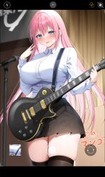 Rule 34 | 1girl, absurdres, black skirt, black thighhighs, blue eyes, blush, bocchi the rock!, breasts, camera phone, collared shirt, commentary request, electric guitar, gotoh hitori, guitar, hand up, highres, holding, holding instrument, instrument, large breasts, long hair, long sleeves, looking at viewer, microphone, microphone stand, miniskirt, nagi aoi, open mouth, pink hair, pleated skirt, shirt, shy, skindentation, skirt, solo, sweatdrop, thighhighs, thighs, v, very long hair, viewfinder, white shirt, zettai ryouiki