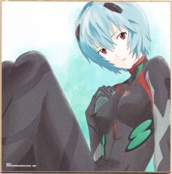 Rule 34 | 1girl, absurdres, ayanami rei, bandai, black bodysuit, blue hair, bodysuit, breasts, copyright name, evangelion: 3.0+1.0 thrice upon a time, highres, interface headset, large breasts, lips, looking at viewer, neon genesis evangelion, official art, pilot suit, plugsuit, rebuild of evangelion, red eyes, scan, shikishi, shiny clothes, short hair, simple background, sitting, skin tight, solo