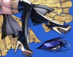 Rule 34 | 1girl, black footwear, blue background, blue hat, boots, genshin impact, hat, high heel boots, high heels, highres, knees together feet apart, lower body, lunart, lying, navia (genshin impact), on side, pleated skirt, shoe soles, simple background, skirt, solo, thighs, tricorne, yellow skirt