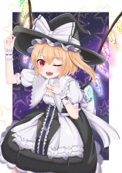 Rule 34 | 1girl, apron, arms up, black hat, black skirt, blonde hair, blush, breasts, capelet, cleavage, commentary request, cosplay, cowboy shot, curiosities of lotus asia, fang, flandre scarlet, hand on headwear, hand on own chest, hat, hat ribbon, highres, kirisame marisa, kirisame marisa (cosplay), leaning forward, light blush, looking at viewer, night, night sky, one eye closed, one side up, open mouth, petticoat, puffy short sleeves, puffy sleeves, red eyes, remitei03, ribbon, shirt, short hair, short sleeves, skirt, sky, slit pupils, small breasts, solo, standing, star (sky), star (symbol), teeth, touhou, upper teeth only, waist apron, white capelet, white shirt, wings, witch hat, wrist cuffs