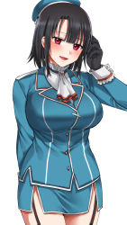 Rule 34 | 1girl, ascot, beret, black gloves, black hair, breasts, cowboy shot, garter straps, gloves, hat, highres, kantai collection, large breasts, looking at viewer, military, military uniform, miniskirt, miyotarou, red eyes, short hair, simple background, skirt, smile, solo, takao (kancolle), uniform, white ascot, white background