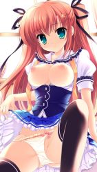 Rule 34 | 1girl, ahoge, black ribbon, black thighhighs, blue skirt, blush, bow, bow panties, bowtie, breasts, breasts out, clothes lift, collarbone, curtains, green eyes, hair ornament, hair ribbon, hairclip, highres, long hair, looking at viewer, medium breasts, mitha, nipples, open clothes, open mouth, open shirt, panties, panty pull, puffy sleeves, red hair, ribbon, school uniform, shirt, short sleeves, sitting, skirt, skirt lift, star (symbol), star hair ornament, takasaki honoka, thighhighs, twintails, underwear, undone bowtie, white panties, white shirt, window, yellow bow, yellow bowtie, yuyukana