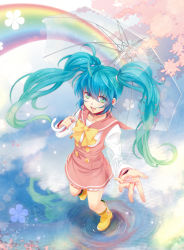 Rule 34 | 1girl, ahoge, aqua hair, boots, bow, female focus, full body, green eyes, hatsune miku, long hair, nature, open mouth, outdoors, plant, rainbow, ripples, sailor collar, school uniform, see-through, skirt, smile, solo, sunday31, transparent, transparent umbrella, twintails, umbrella, very long hair, vocaloid, water