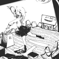 Rule 34 | 1girl, 3ma can omochi, arm up, book, braid, commentary request, dancing, full body, greyscale, half-closed eyes, highres, lamppost, light blush, long hair, long sleeves, looking back, monochrome, open mouth, original, outstretched arms, pleated skirt, shadow, sign, skirt, smile, solo, spotlight, standing, standing on one leg, tetrapod, tiptoes, translation request