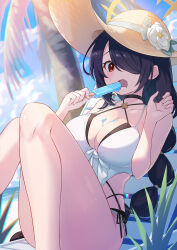 Rule 34 | 1girl, beach, bikini, black bikini, black hair, blue archive, braid, braided ponytail, casual one-piece swimsuit, clothing cutout, criss-cross halter, double bikini, flower, food, green halo, hair over one eye, halo, halterneck, hat, hat flower, highres, hinata (blue archive), hinata (swimsuit) (blue archive), holding, holding food, holding popsicle, knees up, layered swimsuit, long hair, official alternate costume, one-piece swimsuit, popsicle, shinori (efvbji6264), side cutout, sitting, straw hat, sun hat, swimsuit, white one-piece swimsuit, yellow halo, yellow hat