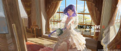Rule 34 | 1girl, artist name, bird, bouquet, braid, breasts, bridal gauntlets, bridal veil, bride, cleavage, closed mouth, commentary, commentary request, curtains, day, door, dress, earrings, english commentary, flower, genshin impact, highres, holding, holding bouquet, indoors, jewelry, large breasts, light particles, long hair, looking at viewer, mixed-language commentary, mole, mole under eye, purple eyes, purple hair, raiden shogun, reaching, reaching towards viewer, signature, smile, solo, table, veil, wboss, wedding dress, white dress, window