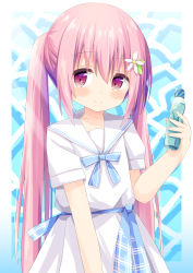 Rule 34 | 1girl, absurdres, blue bow, blush, bottle, bow, closed mouth, commentary request, dress, flower, hair between eyes, hair flower, hair ornament, hand up, highres, holding, holding bottle, long hair, looking at viewer, nakkar, original, pink hair, ramune, red eyes, sailor collar, sailor dress, short sleeves, sidelocks, smile, solo, striped, striped bow, twintails, very long hair, white dress, white flower, white sailor collar