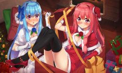 Rule 34 | 2girls, absurdres, black legwear, black panties, blue flower, blue hair, blue rose, blush, box, breasts, capelet, christmas, christmas ornaments, christmas tree, cleavage, closed mouth, commentary request, dress, elbow gloves, flower, fur-trimmed capelet, fur-trimmed dress, fur-trimmed gloves, fur-trimmed headwear, fur trim, gift, gift box, gloves, hair between eyes, hair intakes, haru to neru (act partner), hat, high heels, highres, in box, in container, indoors, kotonoha akane, kotonoha aoi, large breasts, long hair, looking at viewer, mini hat, multiple girls, panties, parted lips, pink eyes, red capelet, red dress, red flower, red footwear, red gloves, red hat, red rose, rose, santa hat, siblings, sisters, sitting, smile, sparkle, thighhighs, twins, underwear, very long hair, voiceroid, white capelet, white dress, white gloves, wooden floor
