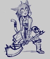 Rule 34 | 1girl, ahoge, animal ears, arbuz budesh, armored boots, axe, boots, cat ears, cat girl, cat tail, crazy eyes, highres, nathy, short hair, sketch, tail, unfinished, warhammer, weapon