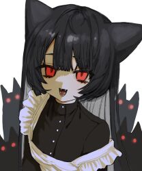 Rule 34 | 1girl, animal, animal ears, apron, black cat, black dress, black hair, cat, cat ears, cat girl, colored inner hair, commentary, dress, fangs, frilled apron, frills, glowing, glowing eye, grey hair, highres, long hair, looking at viewer, maid apron, multicolored hair, open mouth, original, simple background, smile, straight hair, strap slip, symbol-only commentary, taezuodoru 0, two-tone hair, upper body, white apron, white background