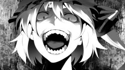 Rule 34 | 1girl, bad id, bad pixiv id, close-up, constricted pupils, crazy, crazy eyes, embodiment of scarlet devil, fangs, female focus, flandre scarlet, greyscale, hat, irohara mitabi, looking down, monochrome, open mouth, rape face, side ponytail, solo, teeth, touhou, vampire