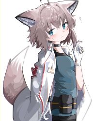 Rule 34 | 1girl, absurdres, ahoge, animal ear fluff, animal ears, arknights, blue dress, breasts, brown hair, closed mouth, dress, flying sweatdrops, fox ears, fox girl, fox tail, from side, gloves, hand up, highres, jacket, jacket on shoulders, looking at viewer, looking to the side, simple background, small breasts, solo, spam (spamham4506), sussurro (arknights), tail, wavy mouth, white background, white gloves, white jacket