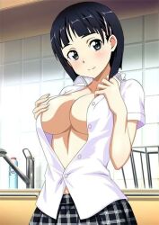 Rule 34 | 1girl, black hair, breasts, cleavage, clothes pull, green eyes, hands on own chest, highres, kirigaya suguha, kitchen, large breasts, looking at viewer, no bra, open clothes, open shirt, school uniform, short hair, skirt, smile, solo, sword art online, teasing, unbuttoned, unbuttoned shirt