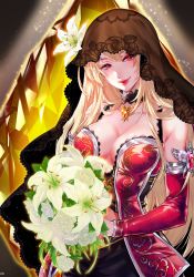 Rule 34 | 1girl, absurdres, black veil, blonde hair, bouquet, closed mouth, clothing cutout, dress, fina (ffbe), final fantasy, final fantasy brave exvius, flower, gem, glint, glowing, hair flower, hair ornament, highres, holding, holding bouquet, jewelry, long hair, looking at viewer, majin fina, necklace, red dress, red eyes, smile, solo, stomach cutout, tarutaru yamaoka, upper body, veil, white flower