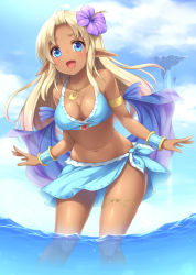 Rule 34 | 1girl, :d, bikini, blonde hair, blue eyes, blush, breasts, cleavage, cloud, dark-skinned female, dark skin, day, elf, floating island, flower, hair flower, hair ornament, hibiscus, jewelry, knees, leaning forward, long hair, medium breasts, navel, necklace, open mouth, original, outstretched arms, parted bangs, pointy ears, sarong, sasaame, skindentation, sky, smile, solo, spread arms, standing, swimsuit, thigh strap, wading, water, waterfall, wristband