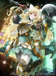 Rule 34 | 1girl, armor, axe, belt, blonde hair, blue eyes, blush, boots, bow, breasts, charlotte (fire emblem), crown, daigoman, fire emblem, fire emblem cipher, fire emblem fates, gloves, grin, hair bow, large breasts, leg up, long hair, nintendo, outstretched hand, pantyhose, shield, skirt, smile, solo, stained glass, thigh boots, thighhighs, wavy hair, weapon, white thighhighs