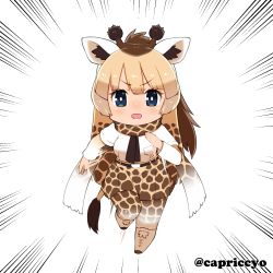Rule 34 | &gt;:d, 10s, 1girl, :d, animal ears, animal print, artist name, bad id, bad pixiv id, belt, blonde hair, blue eyes, blush, boots, brown hair, capriccyo, chibi, emphasis lines, full body, giraffe ears, giraffe horns, giraffe print, giraffe tail, horns, japan world cup, kemono friends, leg up, long hair, looking at viewer, multicolored hair, open mouth, pantyhose, reticulated giraffe (kemono friends), running, scarf, skirt, smile, solo, tail, twitter username, v-shaped eyebrows, very long hair, white background