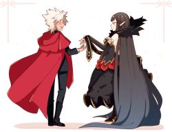Rule 34 | 1boy, 1girl, :d, absurdly long hair, amakusa shirou (fate), black dress, black hair, boots, cloak, commentary request, cross, cross earrings, dark skin, detached sleeves, dress, earrings, closed eyes, fate/apocrypha, fate (series), fur trim, highres, hood, hood down, jewelry, long hair, looking at another, open mouth, pointy ears, ponita, red cloak, semiramis (fate), smile, spiked hair, very long hair, white hair, yellow eyes