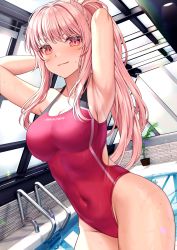 Rule 34 | 1girl, alternate hairstyle, armpits, arms behind head, arms up, bare arms, bare shoulders, blush, breasts, cleavage, closed mouth, clothes writing, commentary request, competition swimsuit, covered navel, day, english text, groin, highres, hololive, hololive english, indoors, long hair, looking at viewer, medium breasts, mori calliope, one-piece swimsuit, pink hair, plant, ponytail, pool, pool ladder, potted plant, red eyes, red one-piece swimsuit, rei no pool, saruei, smile, solo, swimsuit, very long hair, virtual youtuber, water, wet, window