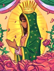 Rule 34 | 1girl, brown eyes, brown hair, cape, christian mythology, christianity, crown, dark skin, dress, flower, from side, glowing, green cape, highres, looking at viewer, mexican flag, pink dress, rose, salas0627, smile, solo, virgen de guadalupe, virgin mary, virgin of guadalupe