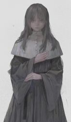 Rule 34 | 1girl, brown hair, earrings, grey eyes, habit, highres, holding, holding clothes, jewelry, lips, long hair, long sleeves, looking at viewer, nun, original, qunqing123, shaded face, simple background, single earring, solo, traditional nun, white background