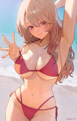 Rule 34 | 1girl, absurdres, arm up, armpits, beach, bikini, blush, breasts, brown hair, cleavage, closed mouth, collarbone, commentary, earrings, highres, jewelry, large breasts, looking at viewer, mature female, navel, open hand, oshi no ko, outdoors, pink eyes, red bikini, saitou miyako, side-tie bikini bottom, smile, solo, sooon, stomach, strap pull, swimsuit, symbol-only commentary, underboob, water