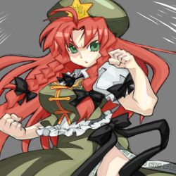 Rule 34 | 1girl, bow, braid, breasts, china dress, chinese clothes, dress, female focus, fujimaru ao, green eyes, hair bow, hat, hong meiling, large breasts, long hair, red hair, solo, embodiment of scarlet devil, touhou, twin braids