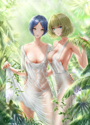 Rule 34 | 2girls, arm around waist, armpits, asymmetrical docking, blonde hair, blue eyes, blunt bangs, breast press, breasts, cleavage, clothes lift, covered erect nipples, covered navel, de mo ne, dress, dress lift, female pubic hair, hand on own hip, hayami kanade, heterochromia, highres, idolmaster, idolmaster cinderella girls, leaf, looking at viewer, medium breasts, mole, mole under eye, multiple girls, mysterious eyes (idolmaster), no bra, no panties, parted bangs, parted lips, plant, pubic hair, see-through, short hair, sideboob, sparkle, standing, sunlight, takagaki kaede, wet, wet clothes, wet dress, white dress, yellow eyes